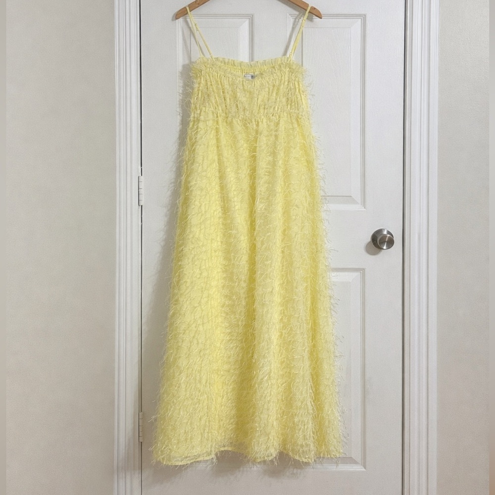 ASOS Yellow Shimmer Textured Eyelash Feathered Maxi Dress Straps S/M Party